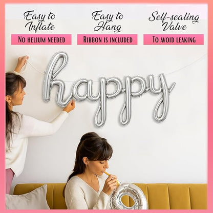 Silver Happy Birthday Balloons Banner | Script/Cursive Gold Letter Balloon Sign For Birthday Party Decor/Decoration | Foil Mylar Happy Birthday Banner