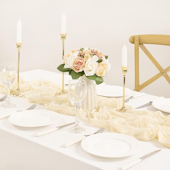 MLMC 3 Pack Beige Cheesecloth Table Runner 10ft Rustic Boho Gauze Cream Table Runner Bulk Winter Decor 35x120 Inches for Wedding Bridal Baby Shower Party Decor