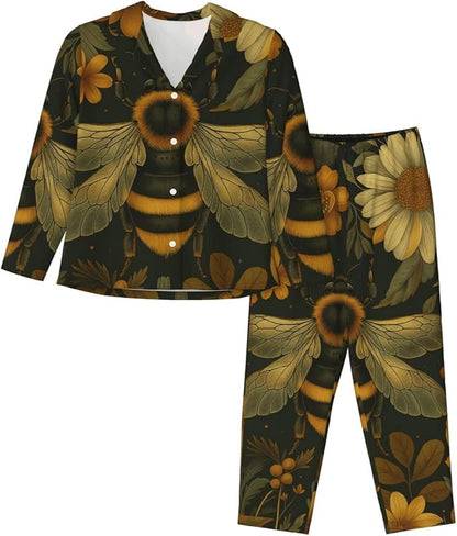 Retro Bee And Floral Women'S Pajama Sets Ultra-Soft Printed Sleepwear