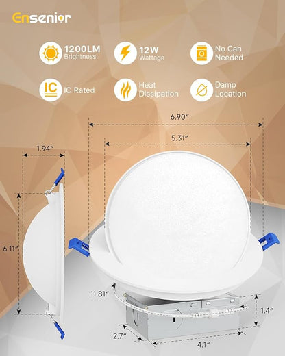 Ensenior 4 Pack 6 inch Gimbal Led Recessed Lighting, 90° Rotatable and 5CCT Selectable, Dimmable Eyeball Recessed Lights, Angled Adjustable Ceiling Downlight, 1200LM, 12W=115W-ETL&FCC Certified