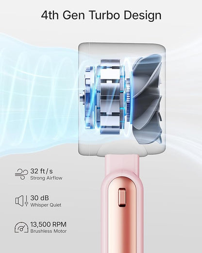 Portable Handheld Turbo Fan - 5 Gear High Speed 4000mAh Rechargeable Mini Personal Hand Fan Blow Cold Air, Battery Operated Travel Essentials, Beach Vacation, Gifts for Women, Men (Pink)