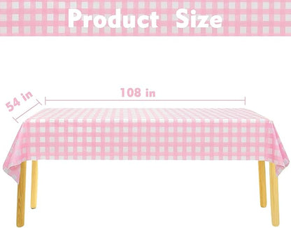 Kesfey 12 Packs Pink Gingham Tablecloth 54 x 108 Inches Pink and White Checkered Table Cloths Party Picnic Disposable Table Covers Splashproof Plastic Checkered Gingham Tablecover for Dinners Party