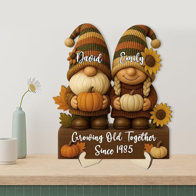 Autumn Growing Old Together Gnomes Wooden Sign, Gifts for Him Her Wife Husband, Custom Wood Plaque Anniversary Couples Gift, Valentine Christmas Gift For Parents, Grandparents Decorations Sign 33
