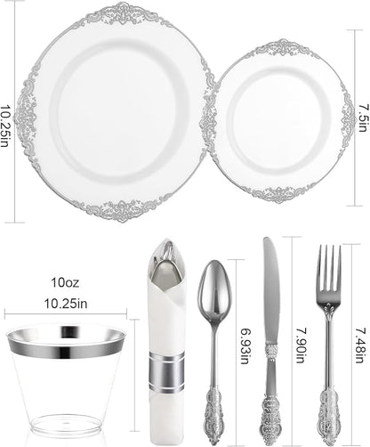 Goodluck 350 Piece Silver Plastic Dinnerware Set for 50 Guests, Fancy Disposable Plates, Include: 100 Silver Rim Plastic Plates, 150 Silverwares, 50 Pre Rolled Napkins, 50 Cups for Party, Wedding