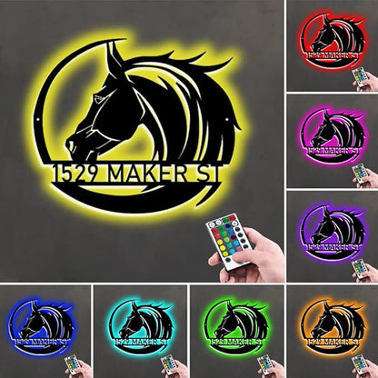 Personalized Name Horse Lamp Custom Wooden/Metal Horse Night Light Horse Wall Art LED Horse Light Farmhouse House Sign Horse Themed Gifts for Girl Birthday Christmas(Horse Address Light)