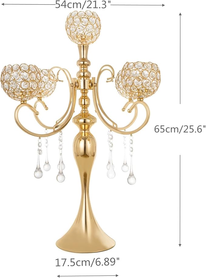 Gold Centerpiece for Table, 25.6in Candle Holder for Table Centerpieces, 5Arms Tall Crystal Candelabra Candle Holder, Candelabra Centerpieces for Table Wedding Christmas Party Event