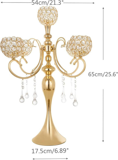 Gold Centerpiece for Table, 25.6in Candle Holder for Table Centerpieces, 5Arms Tall Crystal Candelabra Candle Holder, Candelabra Centerpieces for Table Wedding Christmas Party Event