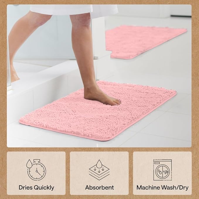 GORILLA GRIP Bath Rug Mat 44x26, Soft Absorbent Chenille, Quick Dry Microfiber Mats, Rubber Backing Washable Shower Floor Rugs, Bathmat Runner, US Designed Bathroom Home Decor Accessories Light Pink