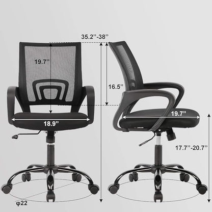 BestOffice | Ergonomic Office Chair | Mid-Back Swivel Desk Chair | Breathable Backrest & Lumbar Support | Adjustable Height | Sponge Seat | Rolling Wheels | Black | for Adults & Women | Pack of 2