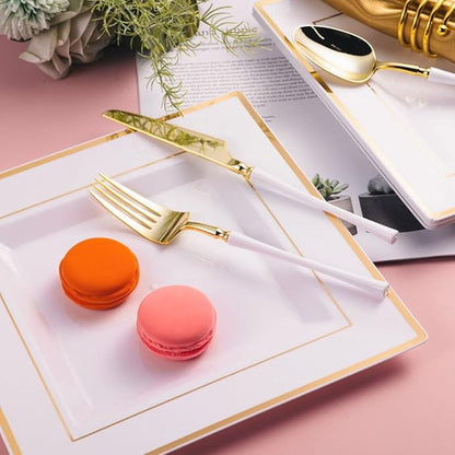 BloominGoods Plastic Disposable Square Dessert Plates | 50-Pack 6.5 inches White with Gold Rim Square Plates | Ideal for Weddings, Parties, Catering | Heavy Duty & Non Toxic
