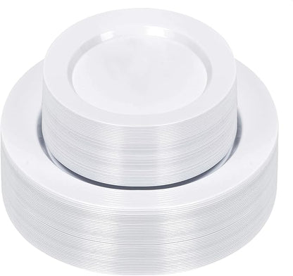 100PCS White Plastic Plates, White Disposable Plates for 50 Guests, 50 Dinner Plates 10.25 inch and 50 Dessert/Salad Plates 7.5 inch for Party, Graduation, Wedding