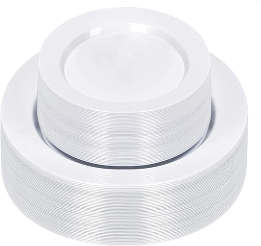 100PCS White Plastic Plates, White Disposable Plates for 50 Guests, 50 Dinner Plates 10.25 inch and 50 Dessert/Salad Plates 7.5 inch for Party, Graduation, Wedding