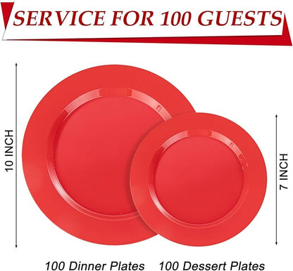 FLOWERCAT 200PCS Red Plastic Plates Disposable Plates for Party - Heavy Duty Plastic Plates - 10" &7" Plate for 100 Guests New Year Parties and Events &Christmas