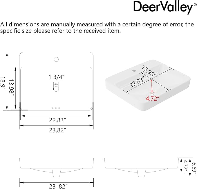DeerValley 24x19 Inch White Rectangular Drop-In Bathroom Sink, Semi-Recessed Ceramic Vessel Sink with Overflow and Single Faucet Hole, Model DV-1DS012101