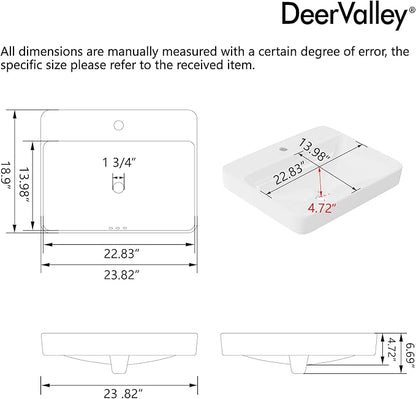 DeerValley 24x19 Inch White Rectangular Drop-In Bathroom Sink, Semi-Recessed Ceramic Vessel Sink with Overflow and Single Faucet Hole, Model DV-1DS012101