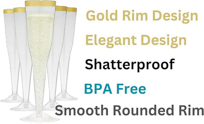 Oojami 100 Plastic Classic Champagne Disposable Flutes for Parties Plastic cups Wedding Party Toasting Cocktail Cups Bulk Party Pack (Gold Rim)