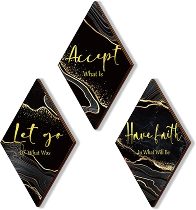 3 Pcs Black And Gold Bathroom Decor Gold Wall Decor with Accept Let Go Have Faith Quote Rustic Vintage Farmhouse Wooden Hanging Signs for Women Home Laundry Living Room Bedroom(Black Gold, 12 x 7Inch)