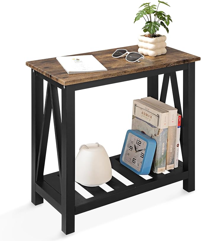 Narrow Side Table Rectangular End Tables with Storage Shelf Small Industrial Nightstands Bedside Table for Small Spaces Living Room Bedroom Bathroom Brown Smooth Tabletop and Black Legs