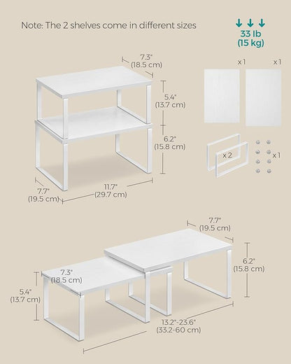 SONGMICS Cabinet Organizer Shelf, Set of 2 Kitchen Counter Shelves, Kitchen Storage, Spice Rack, Stackable, Expandable, Metal and Engineered Wood, Cloud White and Snow White UKCS02W01