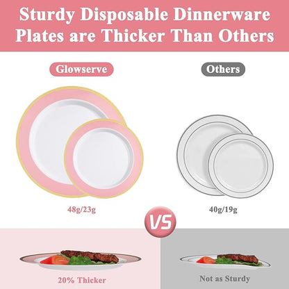 100PCS Pink Disposable Plastic Plates Include 50PCS 10.25inch Dinner Plate and 50PCS 7.5inch Dessert Plate Heavy Duty Plastic Dinnerware for Party Wedding Anniversary New Year