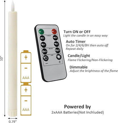 6PCS Flameless Taper Candles with 3D Flickering Flame Battery Operated Candles with 2 Remote with Button Cell Battery 10 Inch Ivory LED Candlesticks Window Candle for Christmas Home Decor