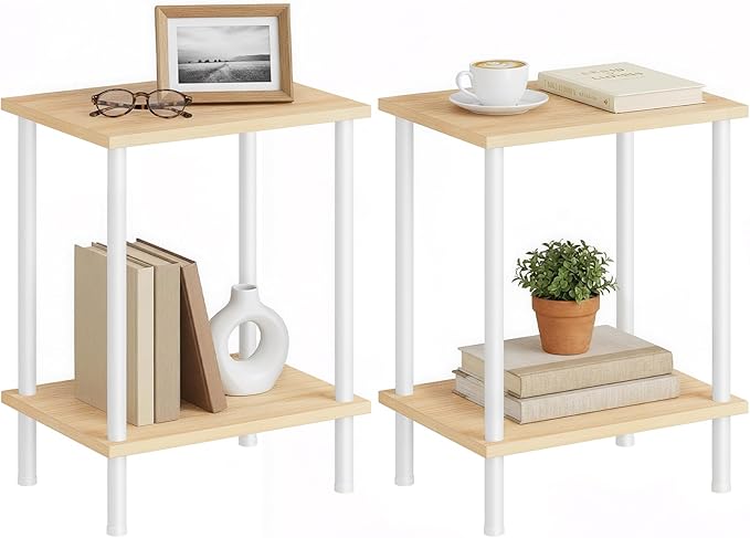 HOOBRO End Tables Set of 2, Small Side Table, Nightstand with 2-Layer Storage Shelves, Sofa Table for Small Spaces, Living Room, Bedroom, Stable Frame, Easy Assembly, Natural and White WN09BZP201