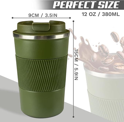 Vacuum-Insulated Stainless Steel Travel Coffee Mug, Leak-Proof Reusable Coffee Cup with Lid - Keep Hot & Cold Drinks for Hours, Durable Insulated Tumbler for Men & Women(3rd-Green, 12OZ)