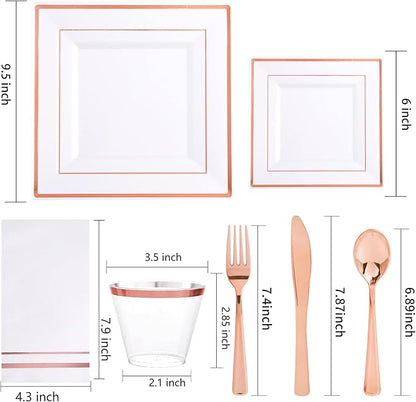 Festiva 350Pcs Rose Gold Plates and Napkins Party Supplies-Square White and Rose Gold Disposable Dinnerware include Plates Cups Cutlery Napkins for 50 Guests Wedding &Christmas Party&Mother's Day