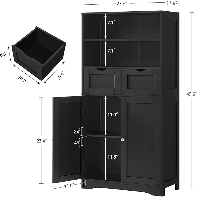 Iwell Tall Storage Cabinet, Black Storage Cabinet with 2 Drawers & Adjustable Shelves, Bathroom Cabinet for Living Room, Dining Room, Entryway, Black