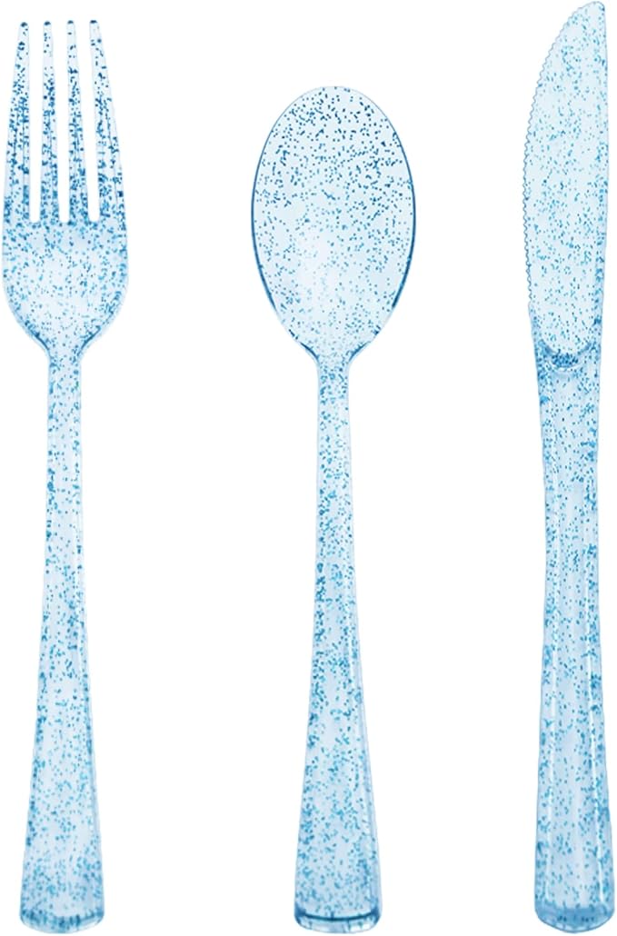 150 Pack Blue Plastic Silverware, Blue Glitter Silverware Plastic Utensils Set Includes 50 Forks, 50 Knives, 50 Spoons for Brithday, Baby Shower, Picnic