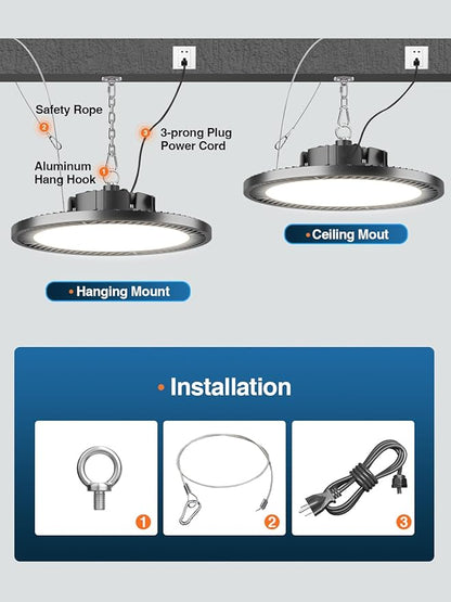 Super Bright 21000lm 5000k 150w 10 Pack UFO Led High Bay Shop Lights with 5'Cable 3-Pin Plug Hook Safe Rope for Garage Factory Warehouse Workshop Barn