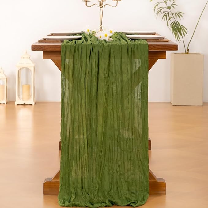 Socomi 10pcs Moss Green Fall Thanksgiving Cheesecloth Table Runner Boho Rustic Gauze 120 inch 10FT Cheese Cloth Runner for Wedding Party Baby Shower Birthday Home Decor Holiday Decorations