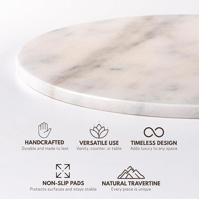 Handcrafted Marble Tray – Bathroom Counter Organizer, Jewelry Tray, Perfume Organizer & Decorative Tray for Vanity Accessories, Coffee Table Decor & Bathroom Countertop (Round, Mugla White)