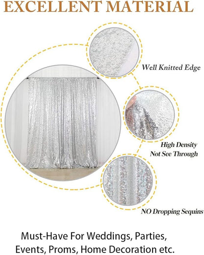 ShinyBeauty Silver Sequin Curtain 2Panels 5FTx10FT Glitter Wedding Backdrop for Photography - Shimmer Payette Fabric Background