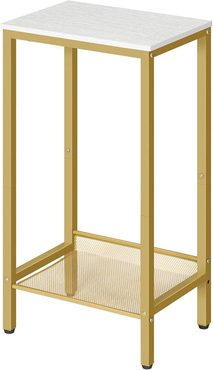 HOOBRO Tall Side Table, Industrial End Telephone Table with Adjustable Mesh Shelves, Small Tall Night Stand for Living Room, Bedroom, Entryway, Office, White and Gold DW03DH01