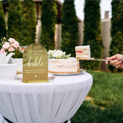 Acrylic Wedding Sign, Bridal Shower Decorations, Please Sign Our Bible Sign for Ceremony, Modern Font Table Signs, Gold Mirror Arched Acrylic Tabletop Signs for Wedding Reception and Event Party