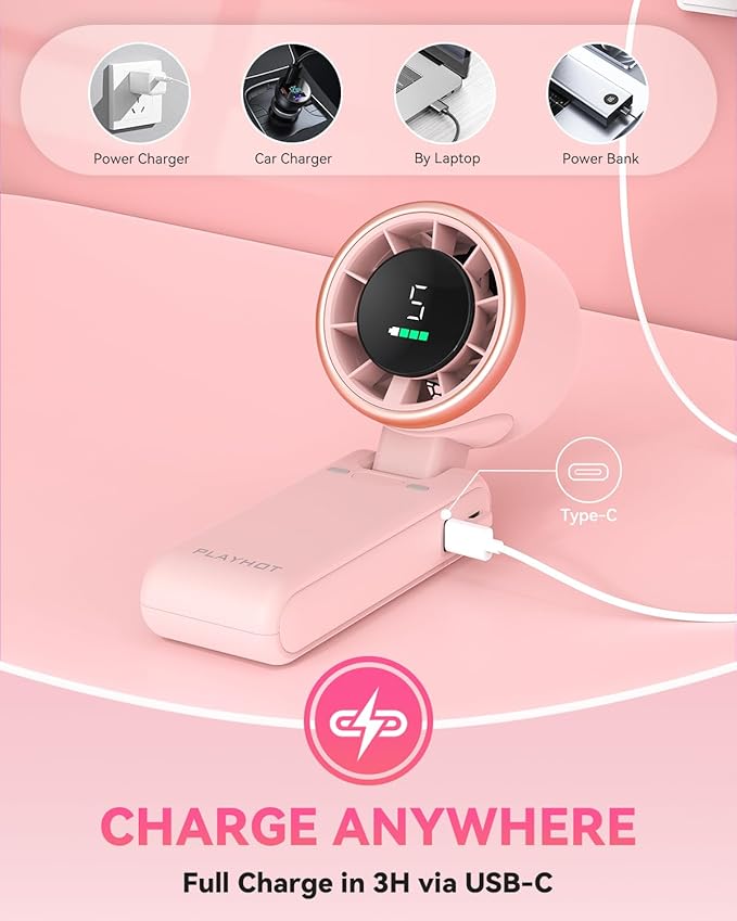 Portable Handheld Turbo Fan, 5-Speed Personal Fans, 5000mAh Rechargeable Fans Up to 12 Hours, Weight only 0.6lb Small Fan, Hand/Neck/Desk Fan 3 IN 1, Beach Vacation Essentials(Pink)