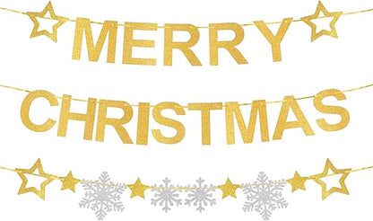 Totelux Merry Christmas Banners Decoration Glitter Star Snowflakes Sign Gold Silver Christmas Hanging Banner for Wall Home Office Holiday Party Decor Supplies
