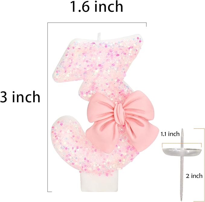 Birthday Candle for Cake, 3 Candle - Pink Glitter with Bowknot, 2.76 inch Happy Birthday Candle, Cake Topper Decoration for 3 Years Old Birthday Party (Number 3)