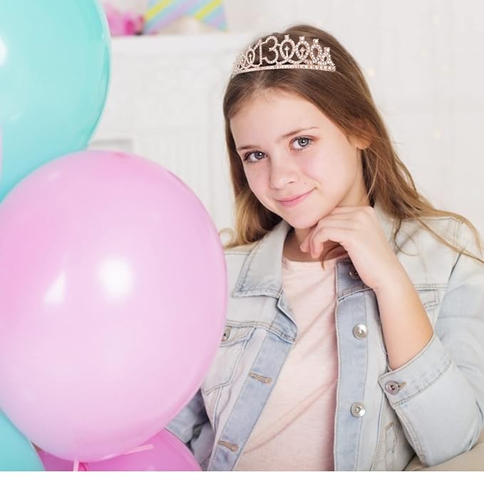 CIEHER 13th Birthday Crown & Sash Set, Rose Gold Tiara, Teen Gifts