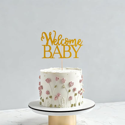 Gold Welcome Baby Cake Topper - Golden Glitter Baby Shower Cake Topper, Gender Reveal Celebration Party Cake Decoration