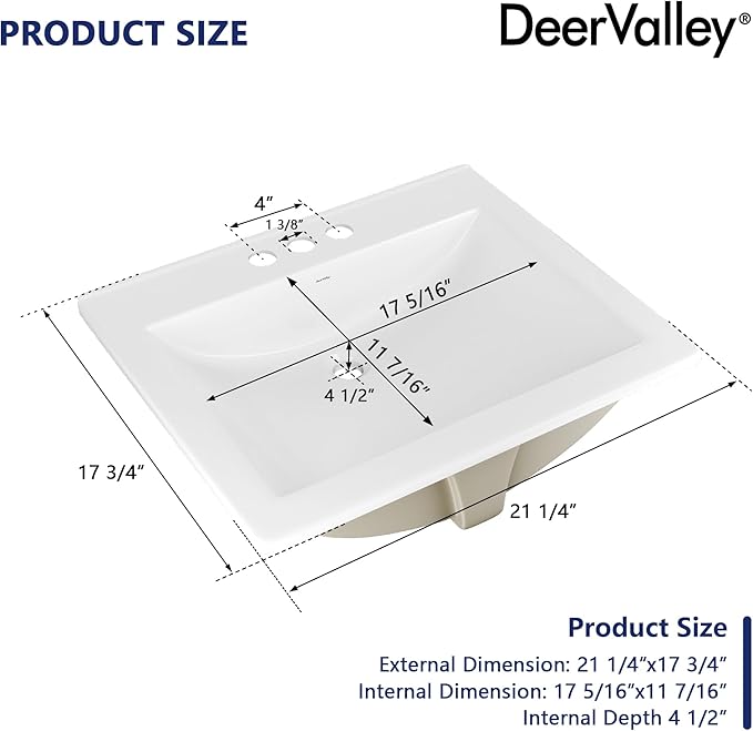 DeerValley 21x18 Inch Rectangular Ceramic Drop-in Bathroom Sink, Under Counter Vessel Sink with Overflow, White Vanity Basin, DV-1DS0122