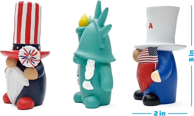 Madanar Independence Day Resin Gnomes 3-Piece Set for Tiered Tray Shelf Decorations - Sparklers, Statue of Liberty, USA Flag (Independence Day)