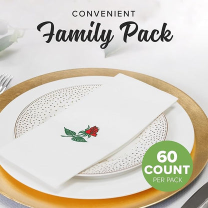 SimuLinen Single Rose Dinner Napkins - Cloth-Like Linen Feel Disposable, Folded Single-use Paper Napkins for Christmas - 19"x17" - Box of 300