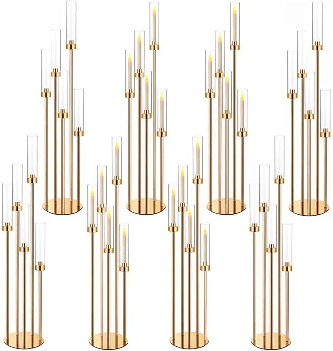 42.5in Gold Candelabra Centerpieces for Tables Candlestick Holders Decor Wedding Centerpiece Table Decorations 5 arm Candle Holder Set of 8 Acrylic lampshade Fit 0.9" LED Candle