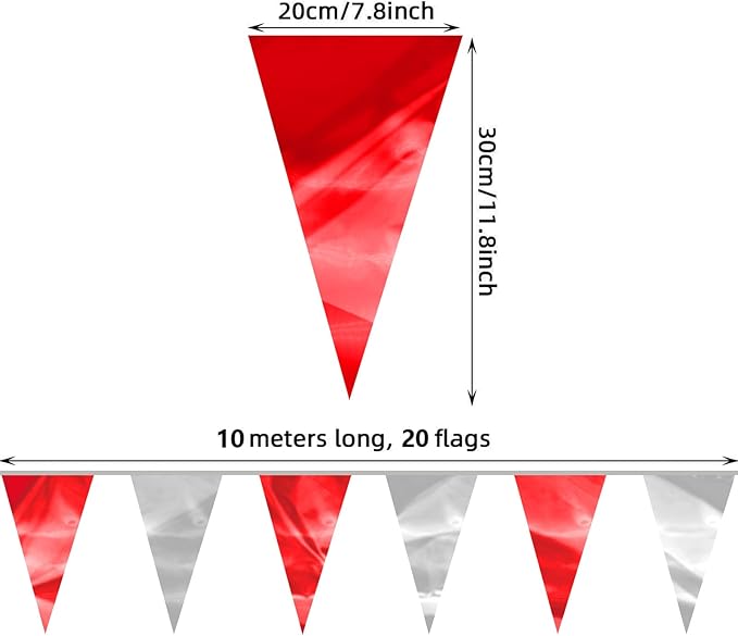 130FT Red Silver Glitter Triangle Pennant Banner Flag Metallic Bunting Fabric Garland for Christmas Graduation Wedding Engagement Anniversary Bachelorette Bridal Shower Valentine's Party Decor