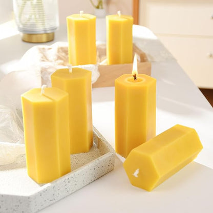 4PCS Hexagon Beeswax Pillar Candles,Large Handmade Pure Beeswax Candle,Unscented Smokeless，2 * 4",18H, Raw