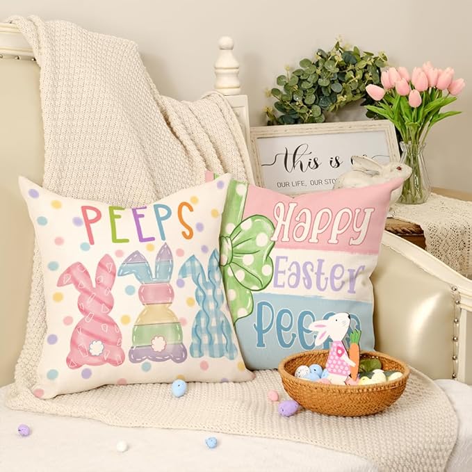 GEEORY Happy Easter Peeps Pillow Covers 16x16 inch Set of 4, Striped Bunnies Eggs Chicks Rabbits Carrots Decorative Farmhouse Throw Pillowcases for Home Sofa Couch Decoration G461-16