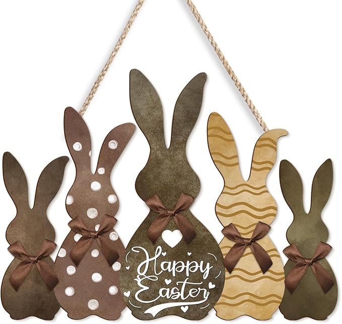 Kercan Happy Easter Hanging Door Sign Plaque Bunny Decor, Easter Wooden Wall Hanging Sign for Front Door, 11.6 × 8.6 inch Welcome Decorations for the Home Party (Five Rabbits)