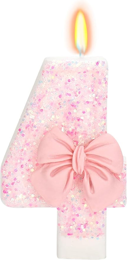 Birthday Candle for Cake, 4 Candle - Pink Glitter with Bowknot, 2.76 inch Happy Birthday Candle, Cake Topper Decoration for 4 Years Old Birthday Party (Number 4)